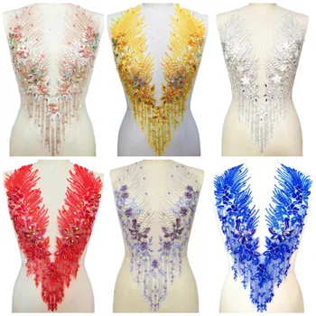 

V-NEck 32x59cm Coral Yellow Red Blue White Purple Sewing Beads Rhinestones Clothes Patch Applique Designer For Wedding Dress Diy