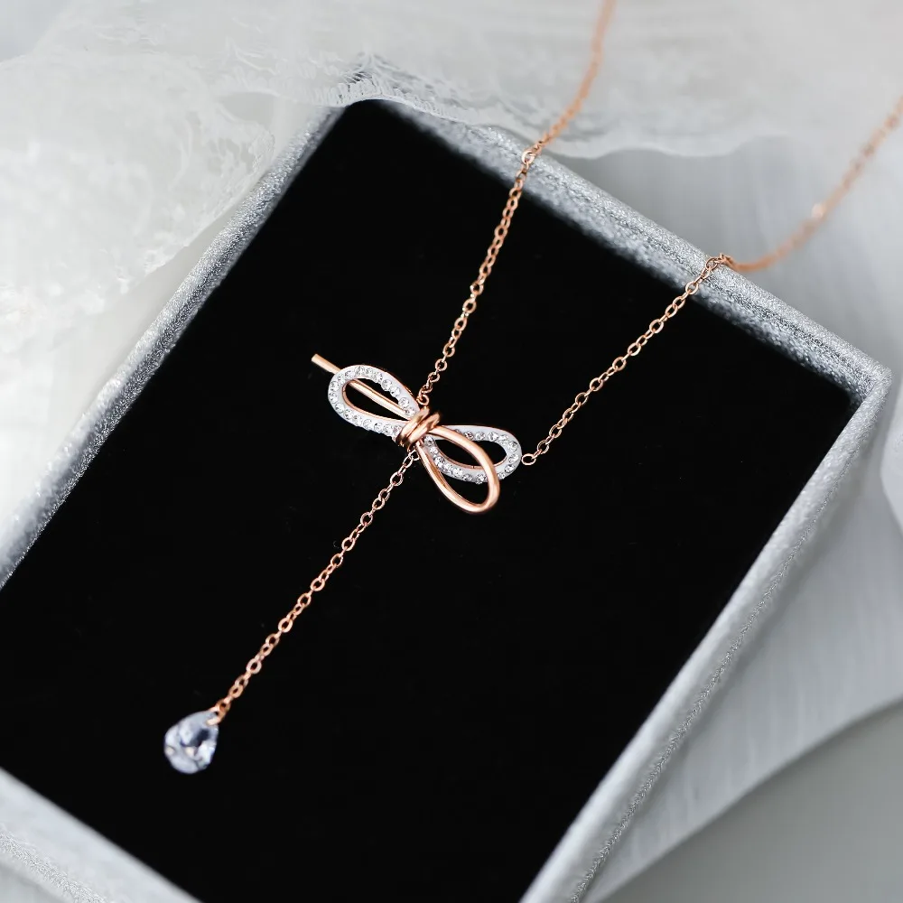 

YUN RUO Rose Gold & Silver Color Creative Crystal Bowknot Adjustable Pendant Necklace Chain Titanium Steel Jewelry Dropship 2019