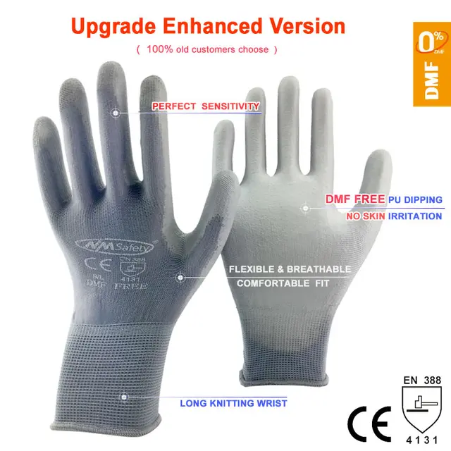 24Pieces/12 Pairs Industrial Protective Work Safety Gloves Black Pu Nylon Cotton Glove with Garden NMSafety Brand All Sizes PU1350GR -DMF