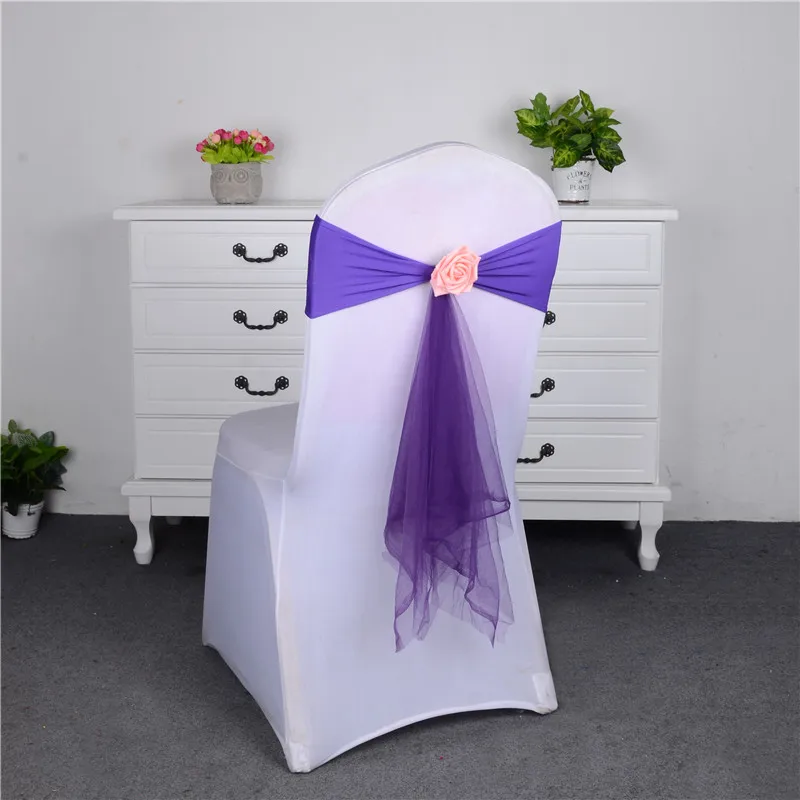 100pcs/lot Lycra chair sash butterfly bow tie with rose ball for wedding chairs decoration spandex band stretch bow tie