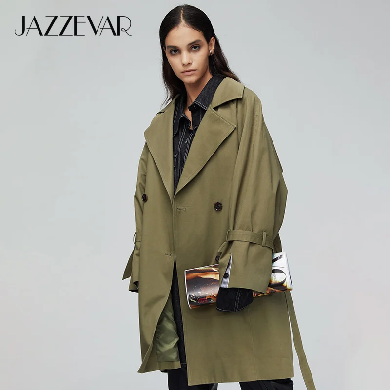JAZZEVAR Новое поступление осенний плащ хаки пальто женское двубортное винтажное свободное пальто женские топы и блузки длинный плащи женские осенние 9008