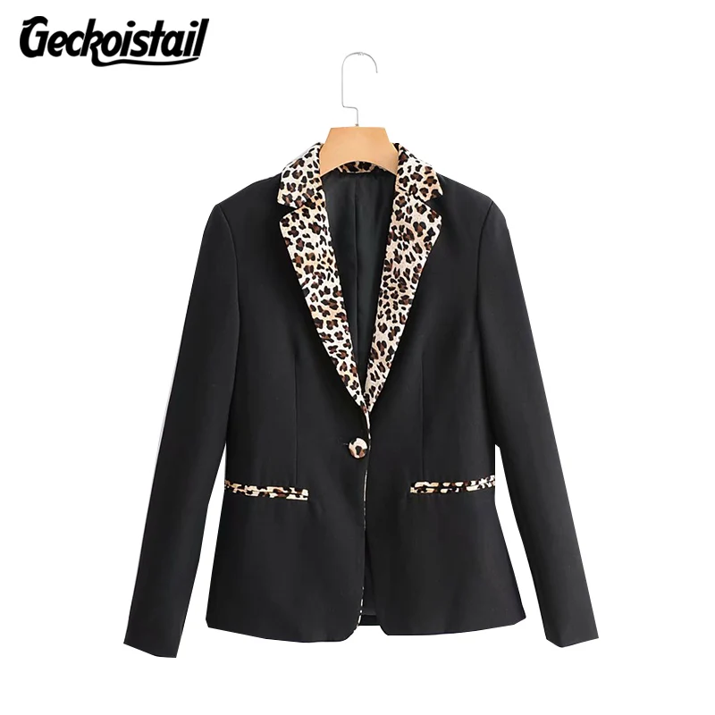Geckoistail Women Casual Leopard Notched Blazers Coat