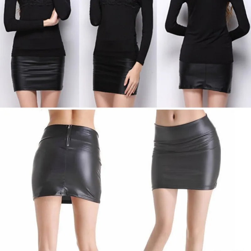 Women Sexy Bodycon Mini Skirt Faux Leather Zip High Waist Mini Short Skirt S-3XL