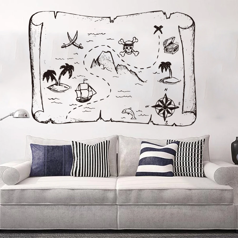 Large Pirate Ship And Treasure Map Wall Sticker Classroom Kids Room Cartoon Pirate Map Wall Decal Nursery Vinyl Home Decor (2)