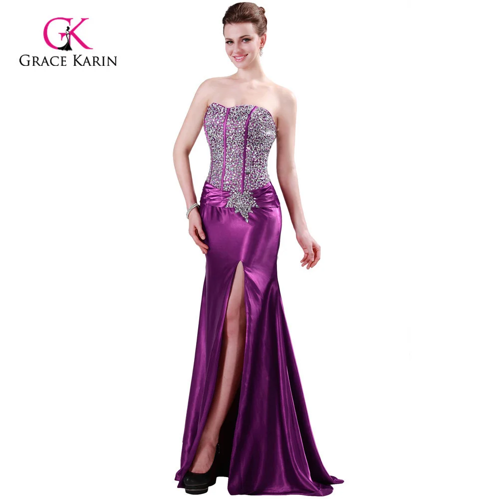 Arabic Evening Gowns 2017 Grace Karin Strapless Silk Like Purple Long Formal Evening Dresses Elegant Luxury
