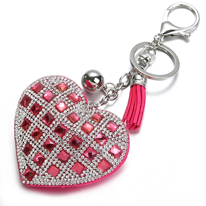 Fashion Keychain Heart Shape Female Full Glass Beads Key Covers Mosaic Leather Fringed Key Chain Car Ring Cap Gift