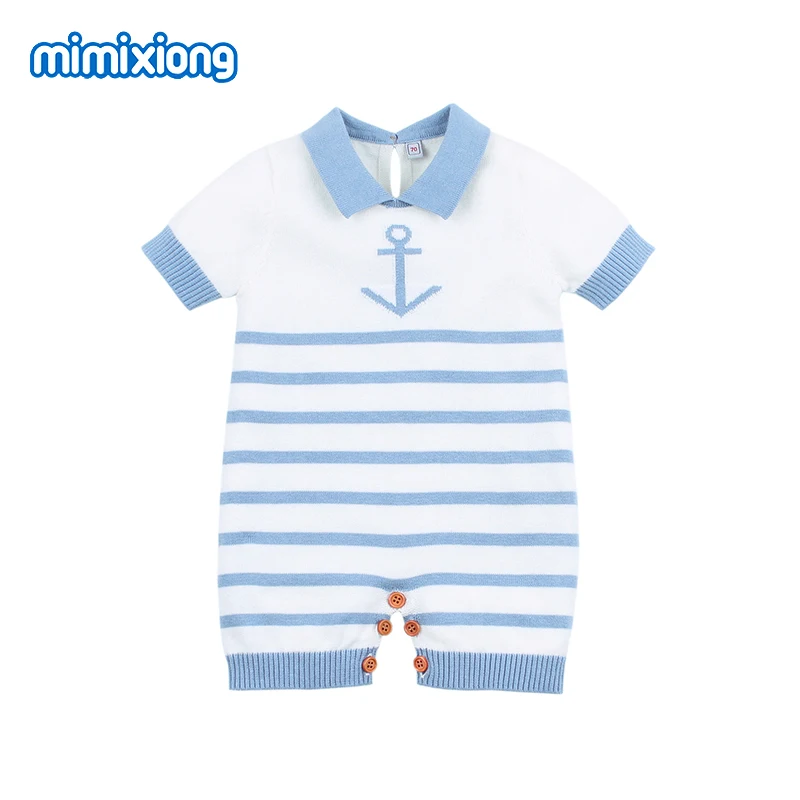Barboteuse d'été tricotée pour bébés filles | Combinaison bleue à rayures, manches courtes, salopette pour enfants, Costume une pièce pour nouveau-né et garçon