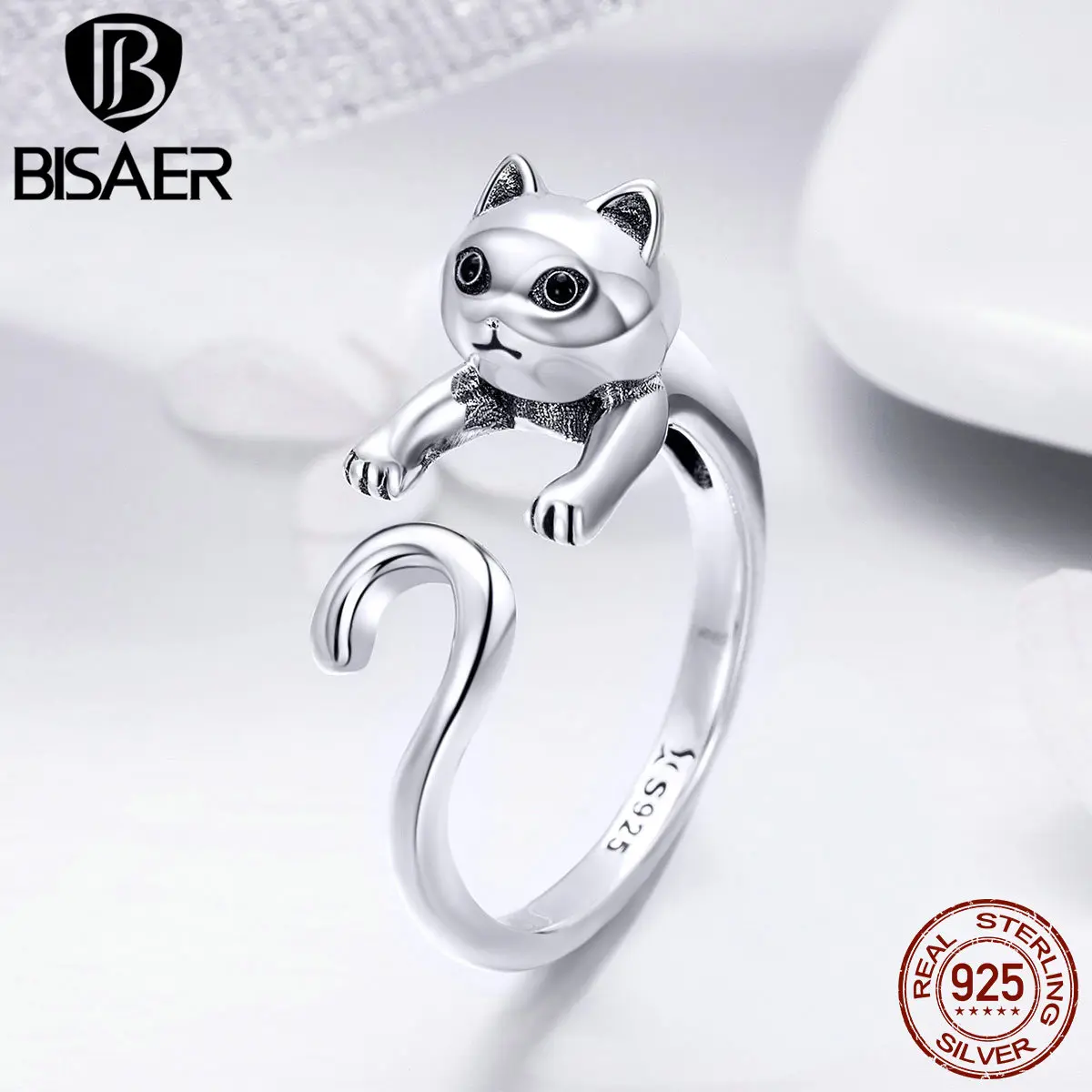 

BISAER Silver Rings for Women 925 Sterling Silver Naughty Cat Open Finger Ring Fashion Jewelry Cocktail Cat Lover Gift HSR409