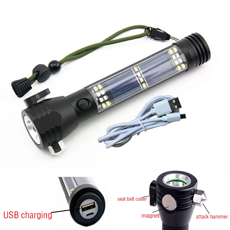 

4000LM USB Rechargeable LED Flashlight Solor Powered Lantern USB Power Bank Lamp Magnet Safe Hammer Blade Emergency Survival