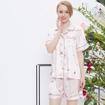 

Turn Down Collar Womens Pajamas Shorts Set Silk Women Lingeries Cute Sleeping Clothing 2 Piece Set