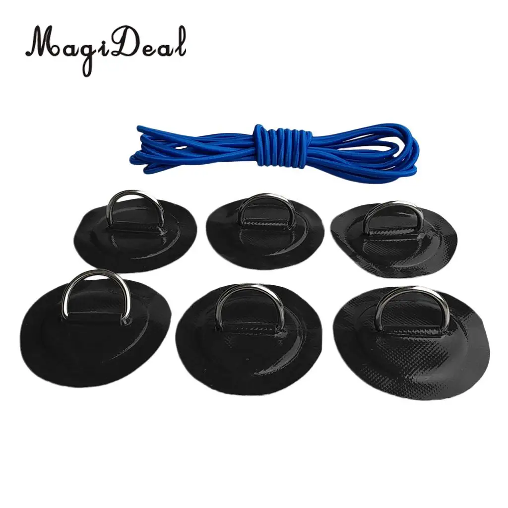 Pack 6 Stainless Steel D-Ring Patch/Pad & 5mm x 5m Elastic Shock Cord Rope for PVC Inflatable Boat Kayak Raft Dinghy - 6 Colors