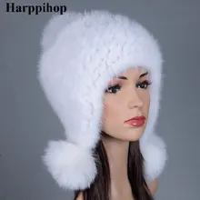 Harppihop Новое поступление, шапки из настоящей норки, женские вязаные шапки ручной работы из меха норки, меховые шапки с помпонами