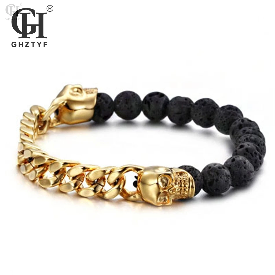 

Men's Volcanic Stone Golden Skull Chain Beaded Bracelet Stainless Steel Bracelets Bangles Jewelry Gift Wholesale
