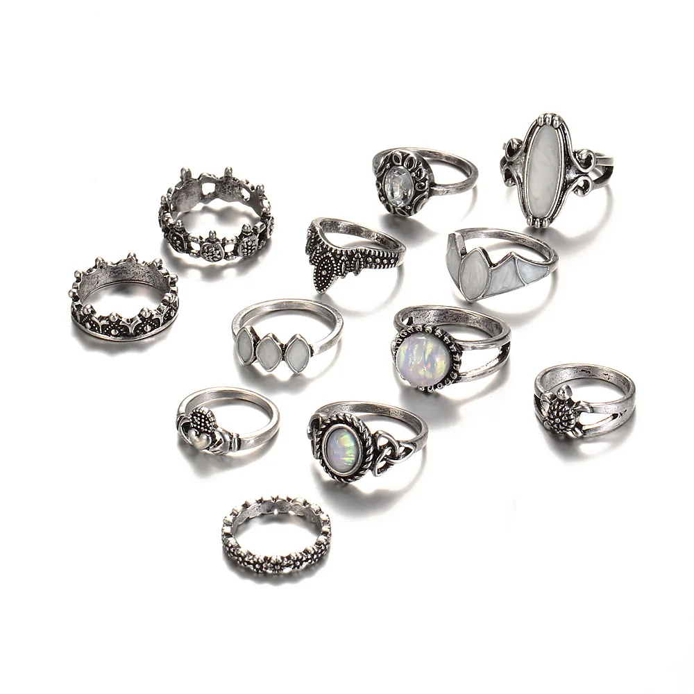 

12pcs/lot Bohemia Antique Gold Silver Elephant Flower Rose Heart Crown Carved Rings Set Knuckle Finger Ring for Women Jewelry