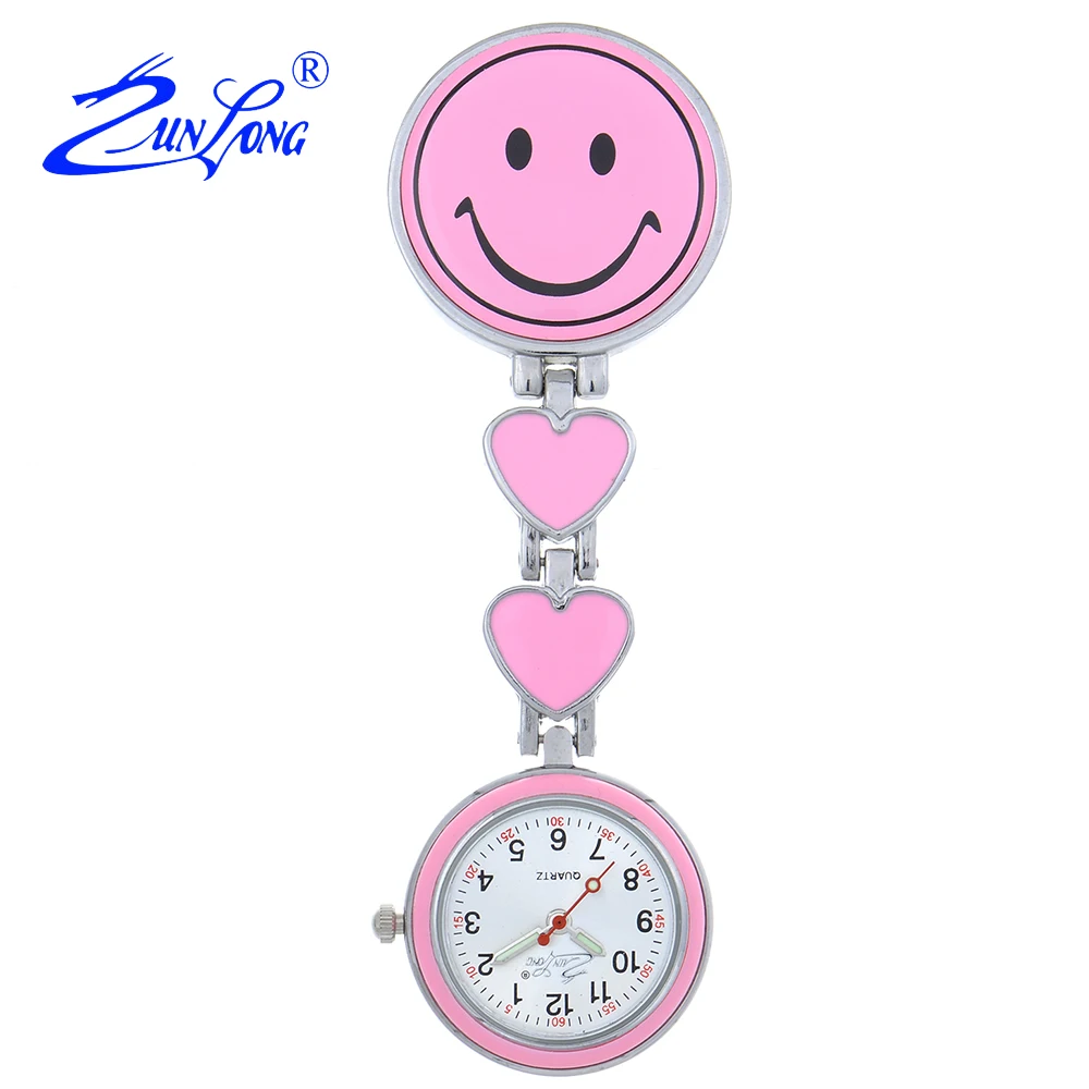 

ZUNLONG Heart Shape Cartoon Smile Face Nurse Watch Luminous Pointer Clip On Fob Brooch Hanging Pocket Watches For Women Fobwatch