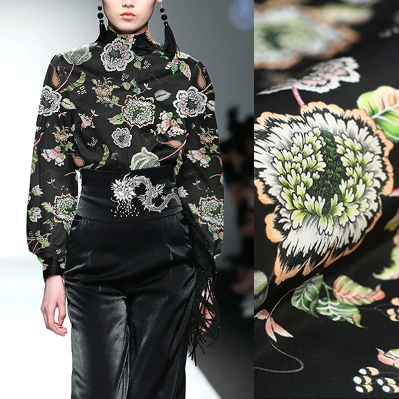 

138CM 16MM Peony Print Black Silk Crepe De Chine Fabric for Summer Dress Blouse Skirt Shirt Pants Scarf E1006