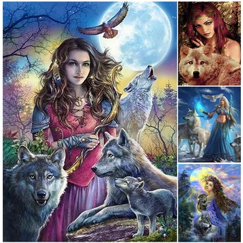 

Animal wolves girl square 5D diy Needlework embroidery pattern resin mosaic diy diamond painting 3d cross stitch kits room decor