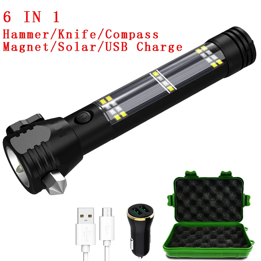 Дропшиппинг 5000 люмен Солнечный тактический фонарик USB Перезаряжаемый Многофункциональный фонарь Автомобильный аварийный инструмент с