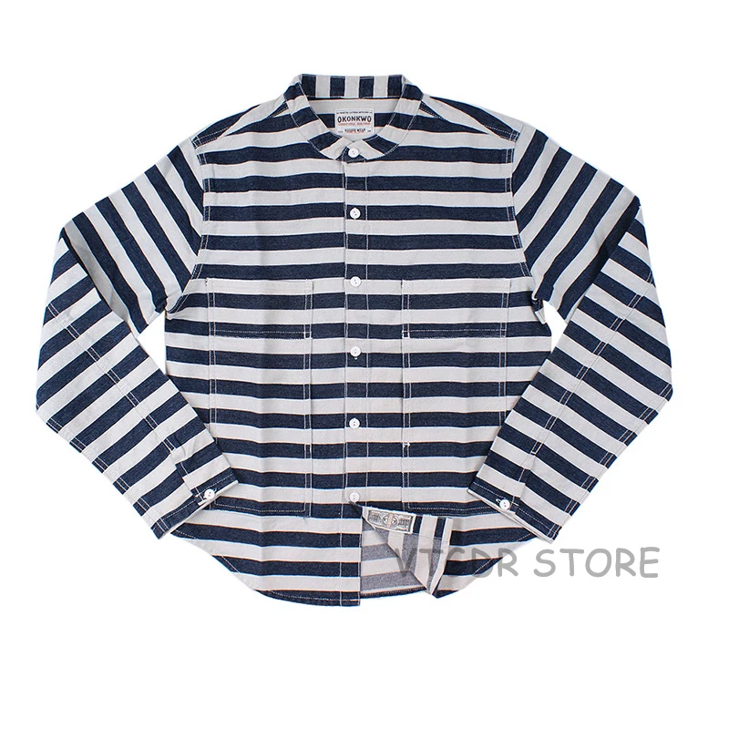 

Fall Men's Motorcycle Washed Striped Shirt Vintage Stand Collar Rider Biker Jacket Shirt