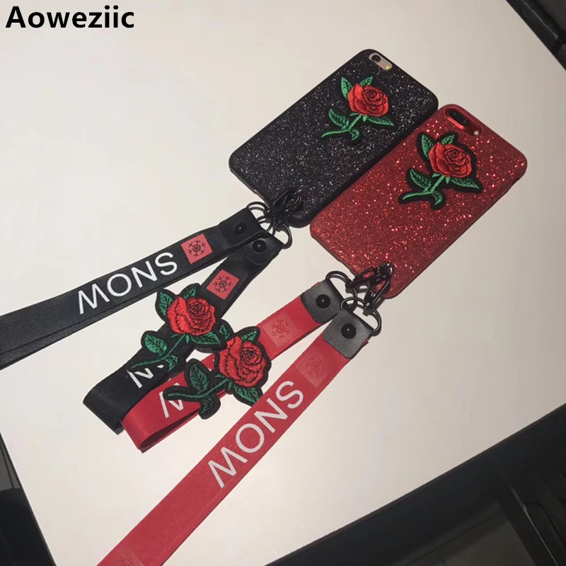 

Aoweziic Hot Japan Embroidery Rose For iPhone X XS 6S mobile phone shell 7plus flash powder sequins 8P lanyard anti fall
