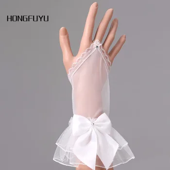 

Hot Sale Elegant White Bow Lace Wedding Accessories Beaded Wedding Gloves Fingerless Wrist Bride Gloves luva de noiva