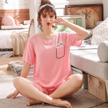 

Summer Lady Short Sleeve Pajamas Set Broadcloth Pyjamas Suit Print Cat 2 PCS Shirt&Shorts Nightwear Home Clothes Loose Negligee