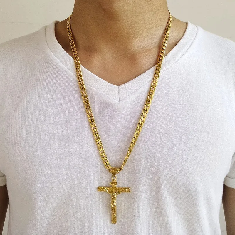 Gold Tone Jesus Hanged Staple Cross Pendant Hip-hop 3mm 30 Cuban Chain Necklace 