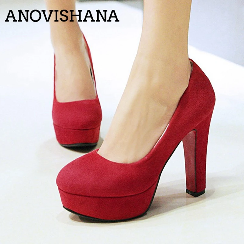 

ANOVISHANA Women Pumps Classic Flock High Heels Shoes Black Round Toe Paltform Wedding Women Dress Shoes 12cm Plus Size 12