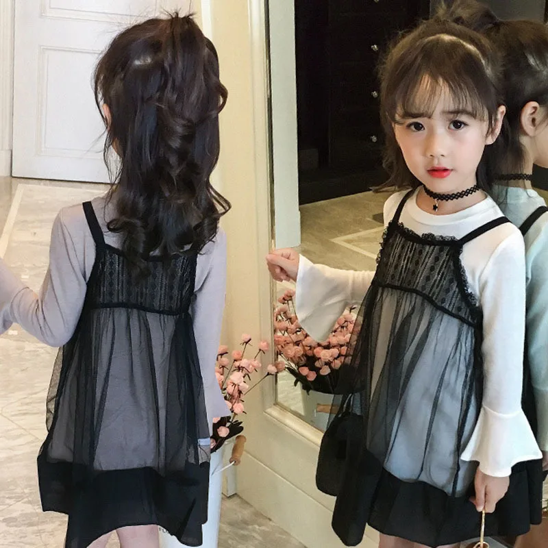 

School Mesh Dress 2pcs Girls Clothing Suit Long Sleeve Little Kids Clothes Set Girl 2018 Teenage Children Set Autumn Spring