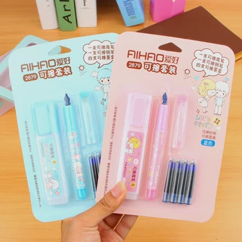 

2018New Can Be Erased Fountain Pen Set Nib 0.5mm 4pcs Blue ink(Erasable) Student Calligraphy Pen Medium Nib Pens School Supplies