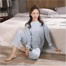 Весенняя Домашняя одежда, хлопковые Пижамные комплекты для девочек, женский элегантный рукав с дном, костюм для сна, Женский o-образный вырез, рубашка с воротником+ штаны