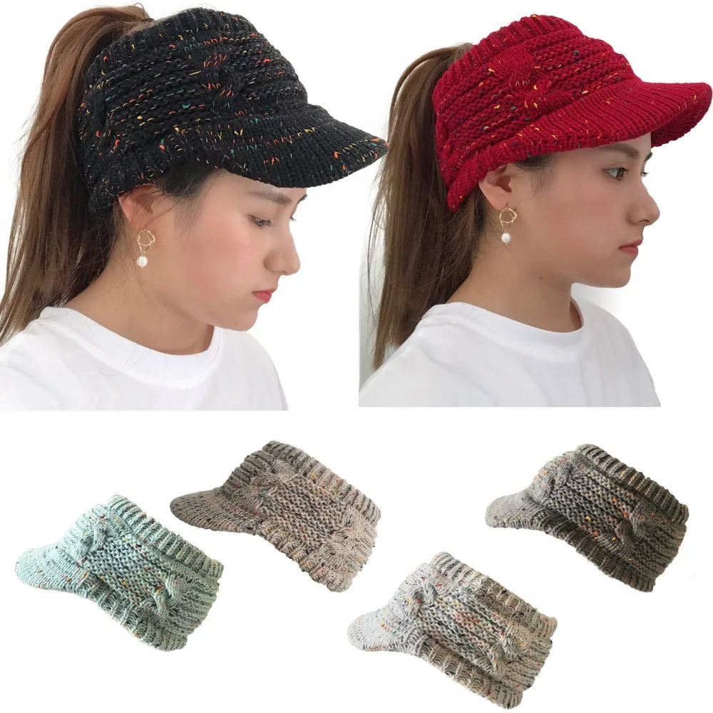Women winter knitted Ponytail Beanies hat with brim Elastic Visor caps