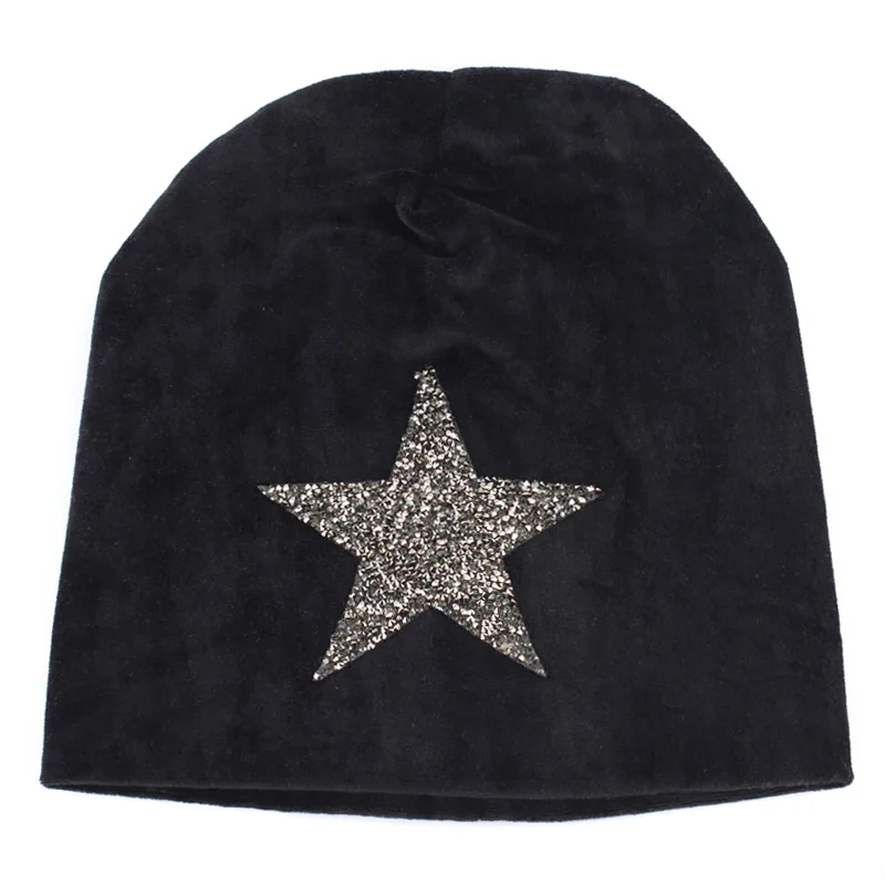 Geebro, Женская велюровая шапка, зимняя, теплая, со звездами, стразы, громоздкие, шапочки для женщин, для девушек, полиэстер, простые, Skullies& Beanies - Цвет: Black