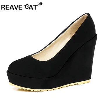 

REAVE CAT Large Size 34-43 Women Sexy Round Toe Suede Party Slip on High Heel Shoes Ladies Wedge Platform Daily Pumps Black