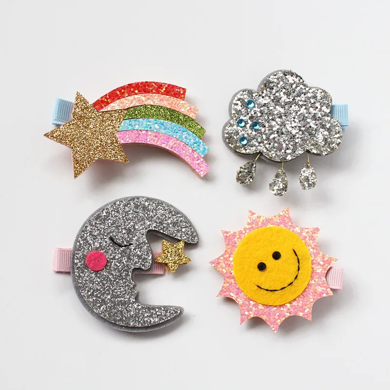 

4pcs Rainbow Hairpin Sun Shape Crystal Cloud Kids Hair Clip Pink Moon Glitter Hair Grip Resale Top Quality Hairpin Summer Design