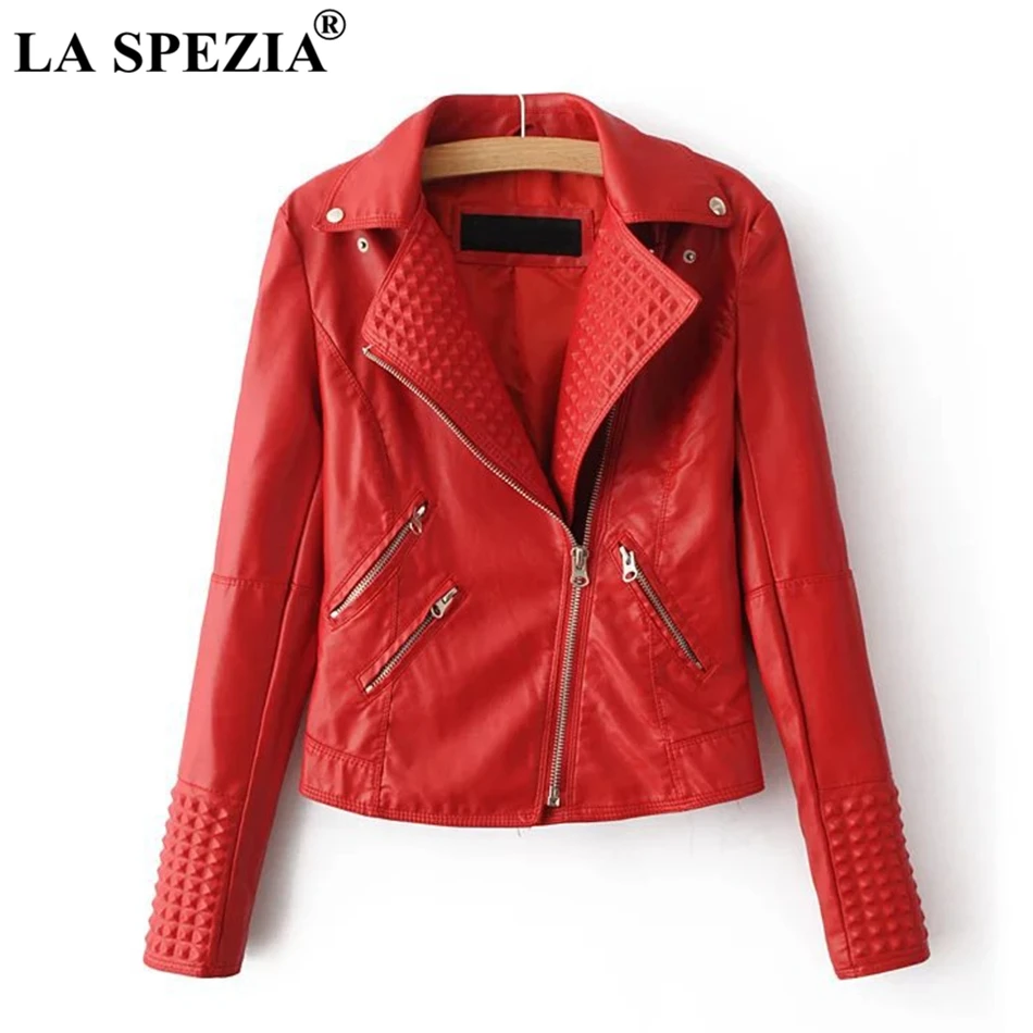 LA SPEZIA Red Jacket Women Biker Motorcycle Coats Leather Female Punk Rock Cuff Zipper Pocket Asymmetrical Autumn Jacket 2019