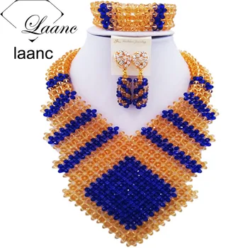 

Laanc 2017 Royal Blue and Gold Nigerian Wedding Necklace African Beads Jewelry Set for Women FK001