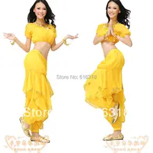 Скидка многоцветный танец живота одежда(длинные/топ с короткими рукавами, спина брюки, ремень цепочка) комплект из трех предметов Стадия Одежда для женщин