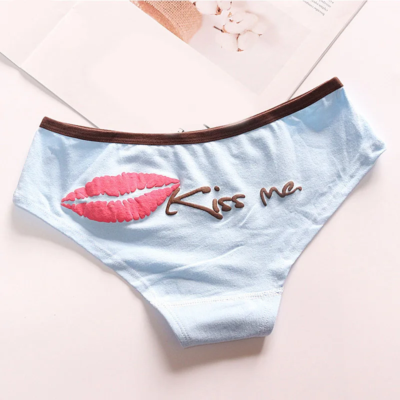 Синий Трусы с буквенным принтом, нижнее белье Kiss Me, высокое качество, нижнее белье с принтом, хлопок, 1 шт., яркие цвета, лидер продаж, трусы для женщин, Популярные - Цвет: Синий