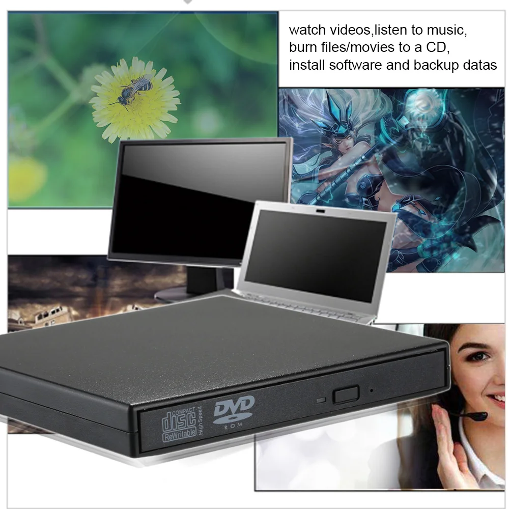 

USB 2.0 Portable Slim External DVD-RW/CD-RW Optical Disc Drive Reader Writer Player with Combo CD-RW Burner for Laptop Desktop