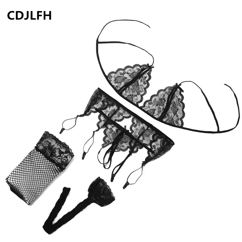 4 Pcs Bra Set Lingerie Drop A B C CUP Brand Women Lace Sexy Open Bra Sleepwear G-string Garter Belt Black Pink Red 2017
