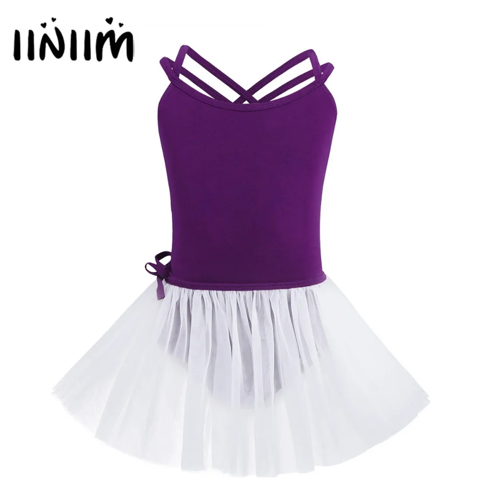 

iiniim Girls Lyrical Dance Costumes Spaghetti Shoulder Straps Ballet Dance Gymnastics Leotard Tutu Dancerwear with Tied Skirt