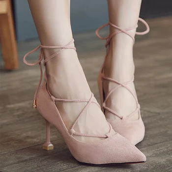 

Women's high heels 2019 spring and autumn new single shoes Foot length 22cm-24.5cm high heels flock Cross tie strap ankle strap