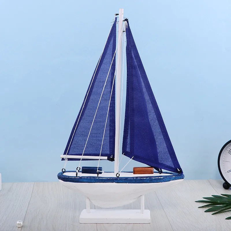 Mediterranean style sailboat model SML size classic blue sailing boat Handmade solid wood to create sailing ornaments