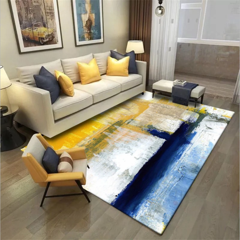 

European Abstract Art Oil Painting Blue Yellow Carpet Sofa Coffee Table Mat Area Rug for Living Room Non-slip and Anti-wrinkle