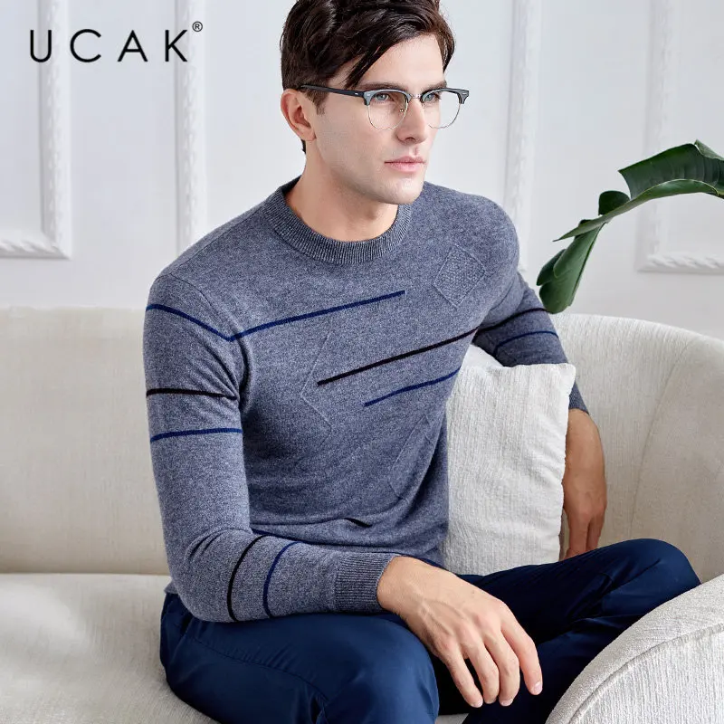 UCAK Brand Merino Woolen Sweater Men Streetwear Fashion Striped O-Neck Pull Homme Autumn Winter Warm Cashmere Pullover Men U3039 UCAK Brand Merino Woolen Sweater Men Streetwear Fashion Striped O-Neck Pull Homme Autumn Winter Warm Cashmere Pullover Men U3039
