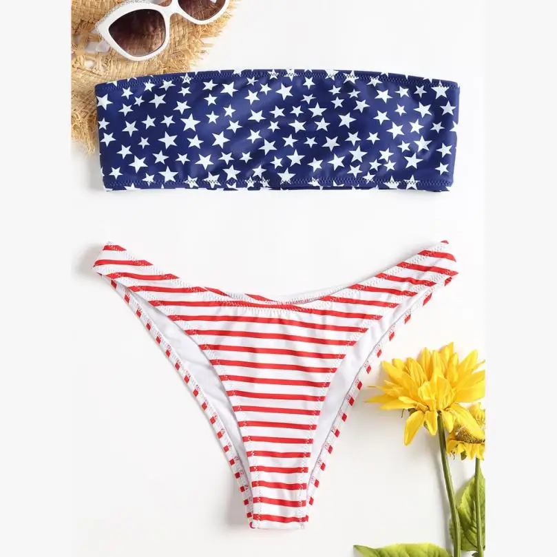 

New Style Womens Beachwear Sexy Bra Bikini American Flag Print Bathing Swimsuit Beachwear Fancinating Women's Swimsuits Biquini