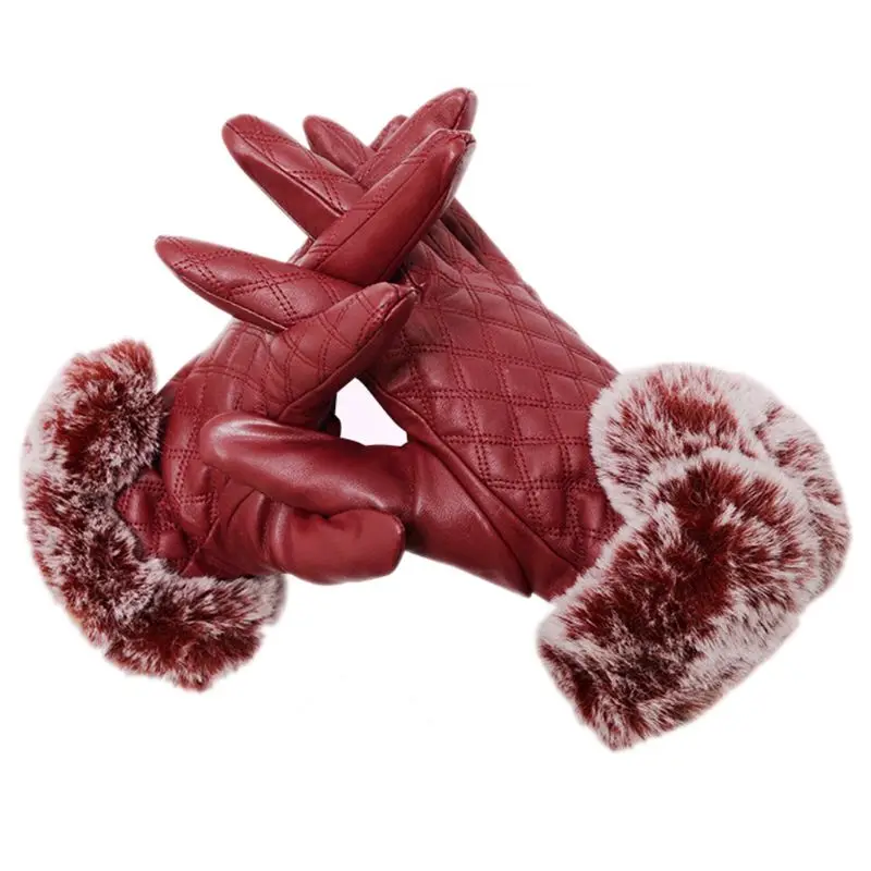 Женские зимние перчатки из искусственной кожи с плюшевой подкладкой - Цвет: Wine Red