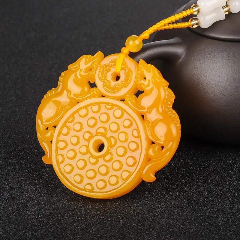 

Chinese Natural Yellow stone Hand-Carved Bless Dragon Pixiu Pattern Pendant