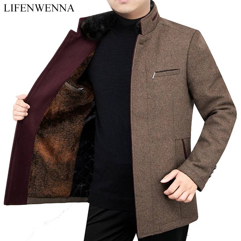 

2019 Autumn Winter New Fashion Solid Warm Coat Men Slim Fit Wool Peacoat Warm Mandarin Collar Jackets Wool Blends Overcoat